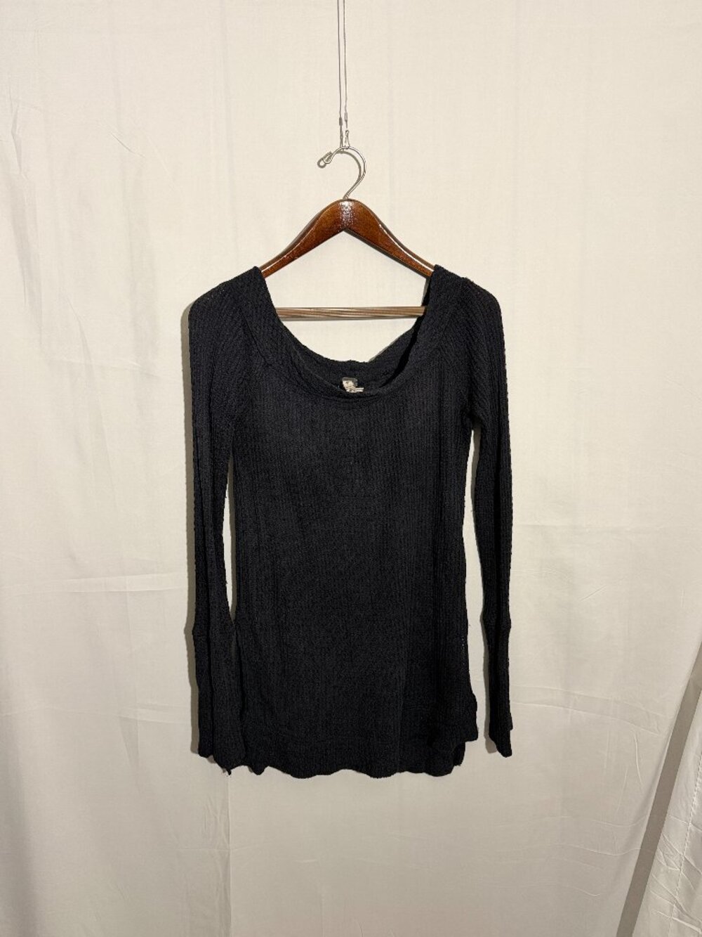 Free People We The Free Kate Thermal Top Medium Black Charcoal Boat Neck